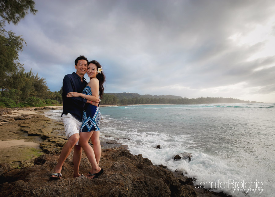 Engagements Sessions at Turtle Bay Resort at sunset in Hawaii.