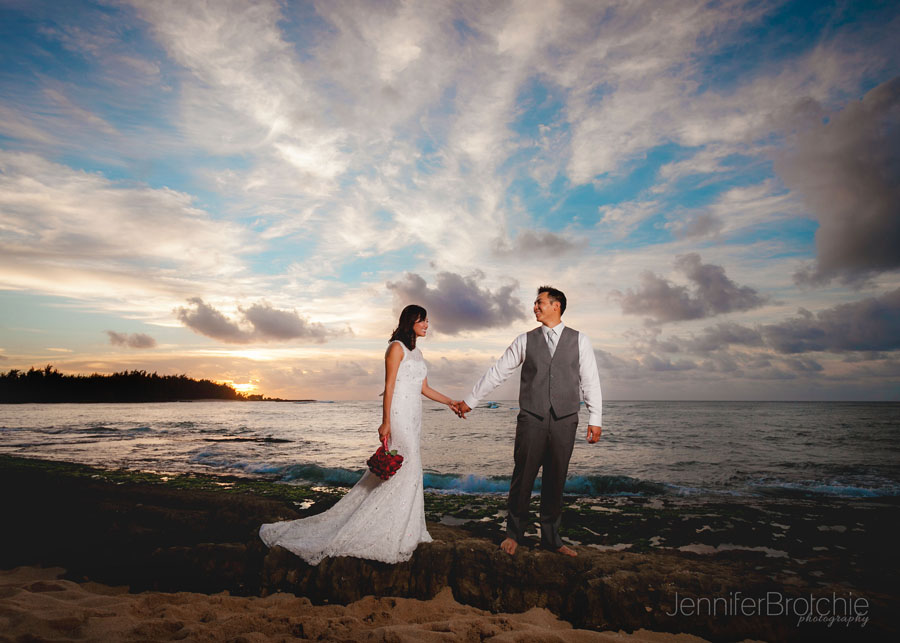 Oahu Wedding Photographer, Elopement Photos on the Beach, Oahu Family Photographer, Sunset Photos at the Beach Surprise Elopement and Engagements